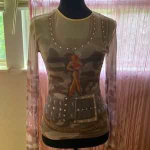 Y2K vintage shear top w/cowgirl on front and back and a‘rhinestone’ belt.
